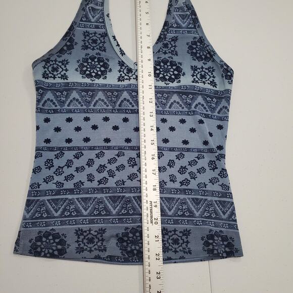 90s Y2K Halter Top Womens Small Blue Boho Floral Geometric Stretch Liquid Knit - Picture 3 of 6